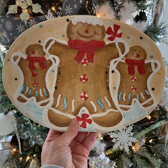 Vintage Serving Plate Gingerbread Cookie Platter Oval Ceramic Christmas Dish - Picture 1 of 9